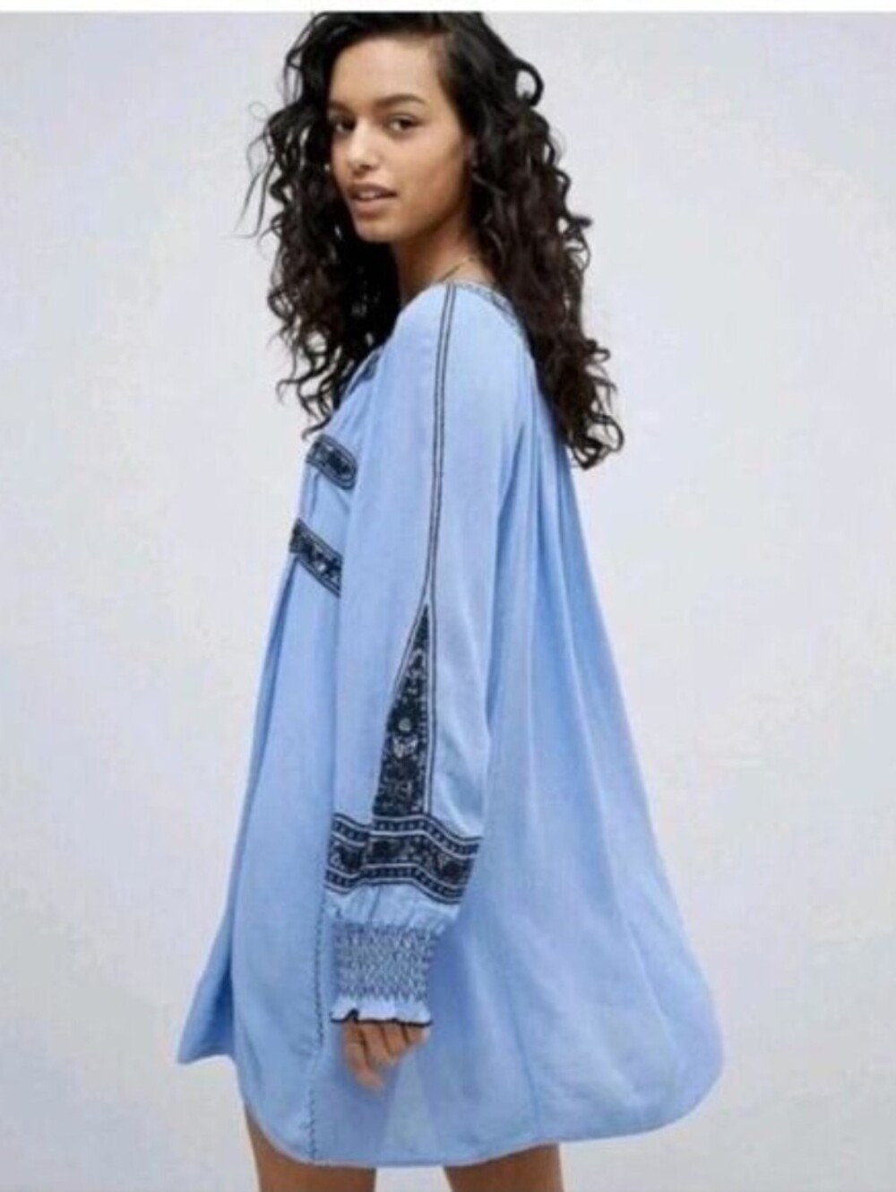 Free People Wind Willow Blue Embroidered Mini Dress With Slip Liner M